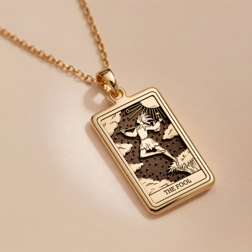The Fool Tarot Pendant: 14K Gold with tarot card rider waite major arcana occult - View 2
