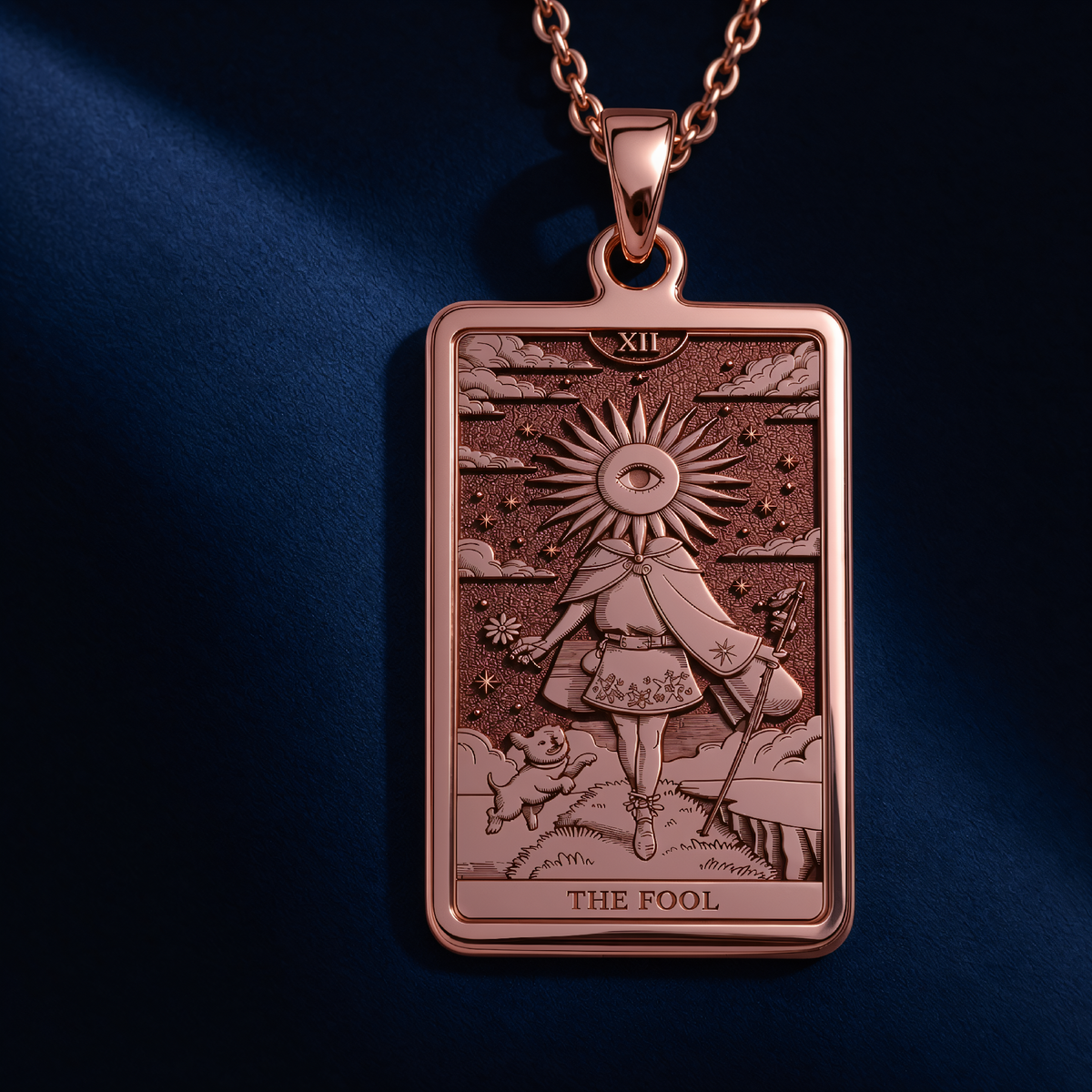 The Fool Tarot Card Charm in a polished rose gold finish.