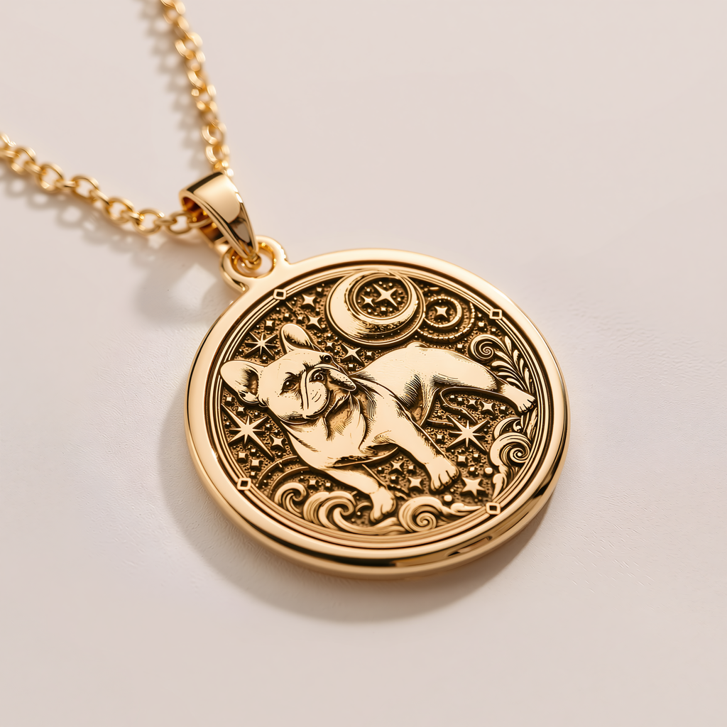 French Bulldog Spirit Animal Pendant - 14K Solid Gold, Left Angle View