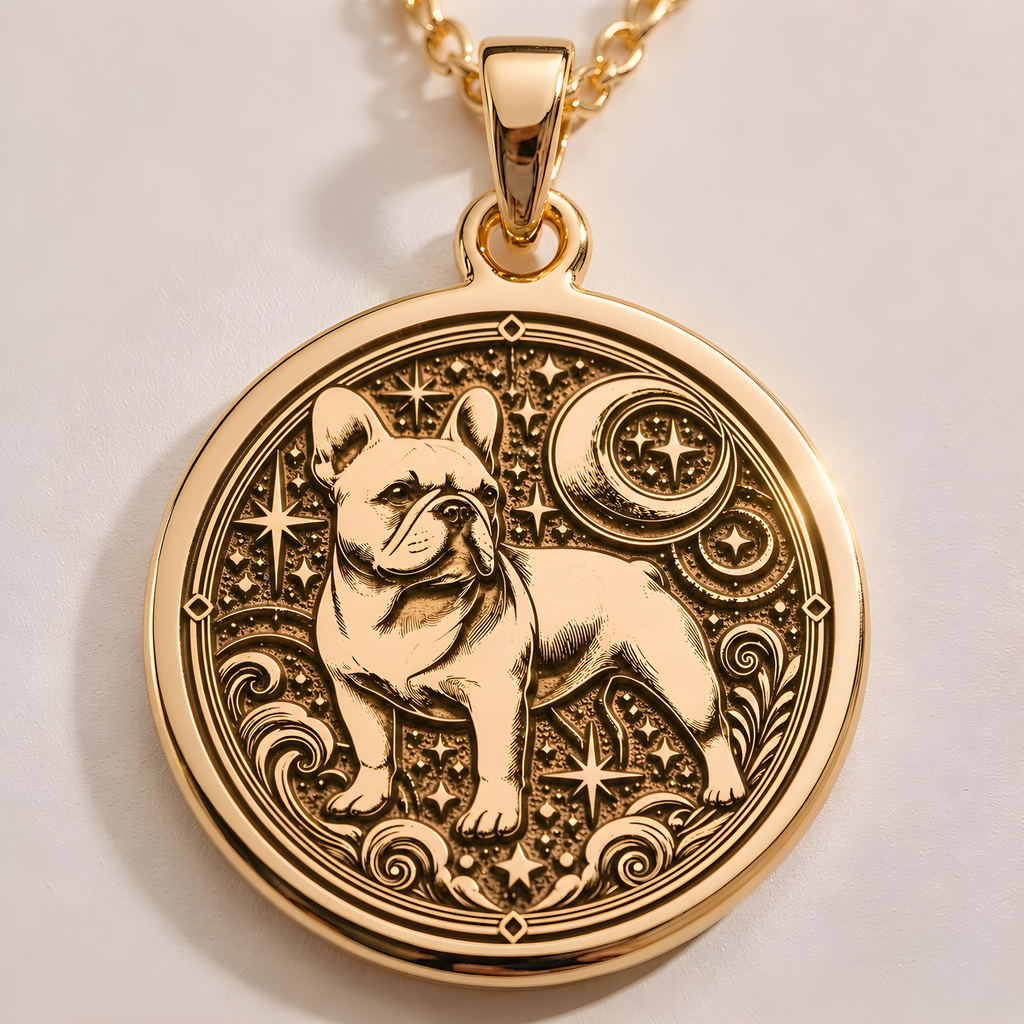 French Bulldog Spirit Animal Pendant in a gold finish, shown from the front with detailed engraving on the pendant.