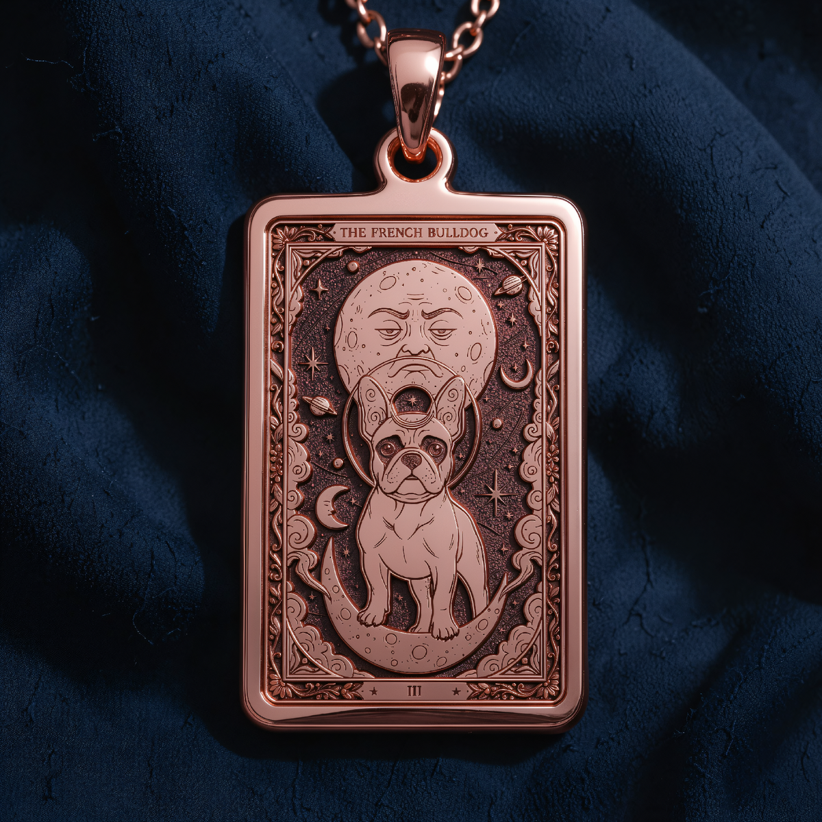 French Bulldog Pendant Necklace - Tarot Pet Mom Gift in a polished rose gold finish.