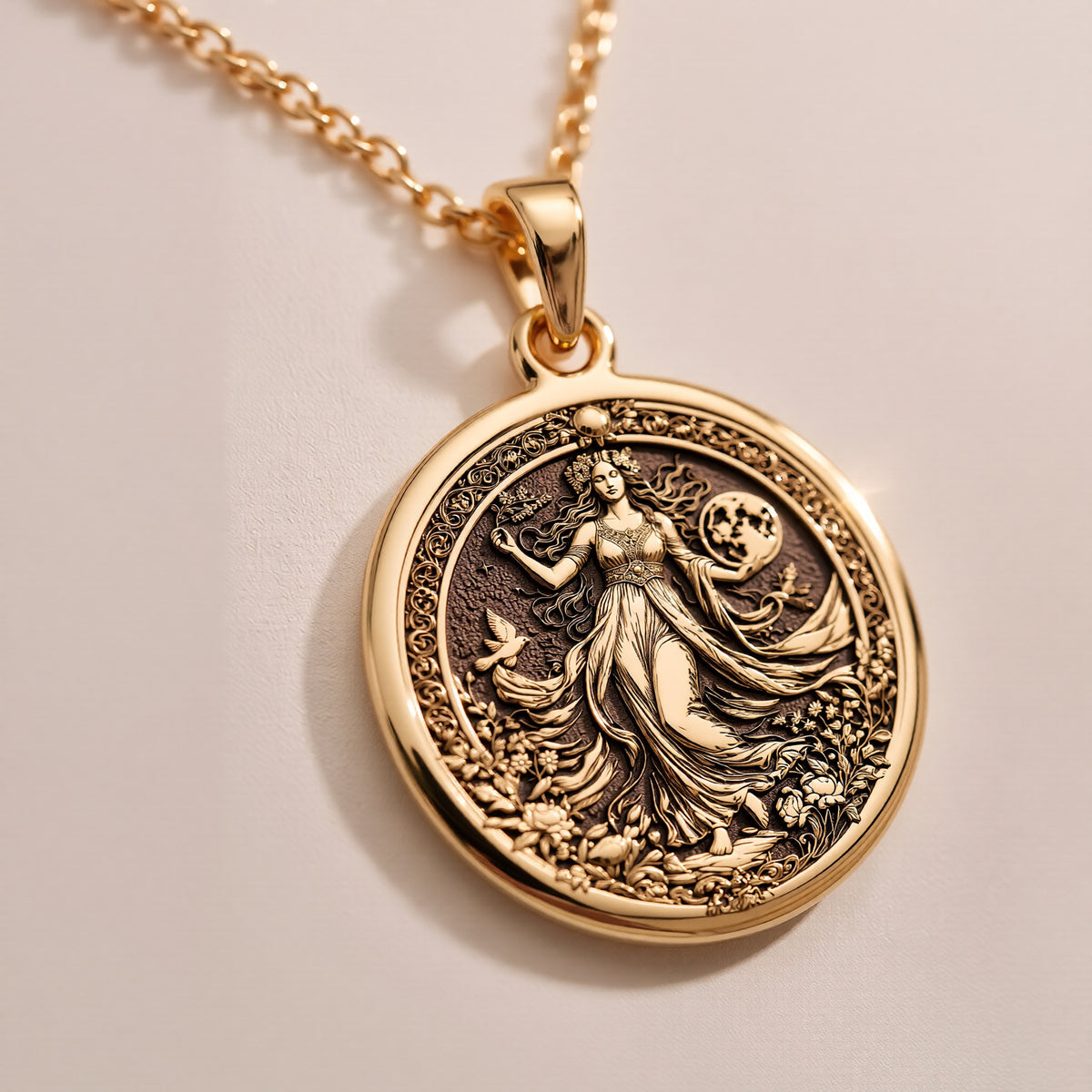 Gaia Earth Goddess Amulet Necklace Necklaces 14K 14K Gold Plated pendant necklace featuring a classical female figure design on a round disc.