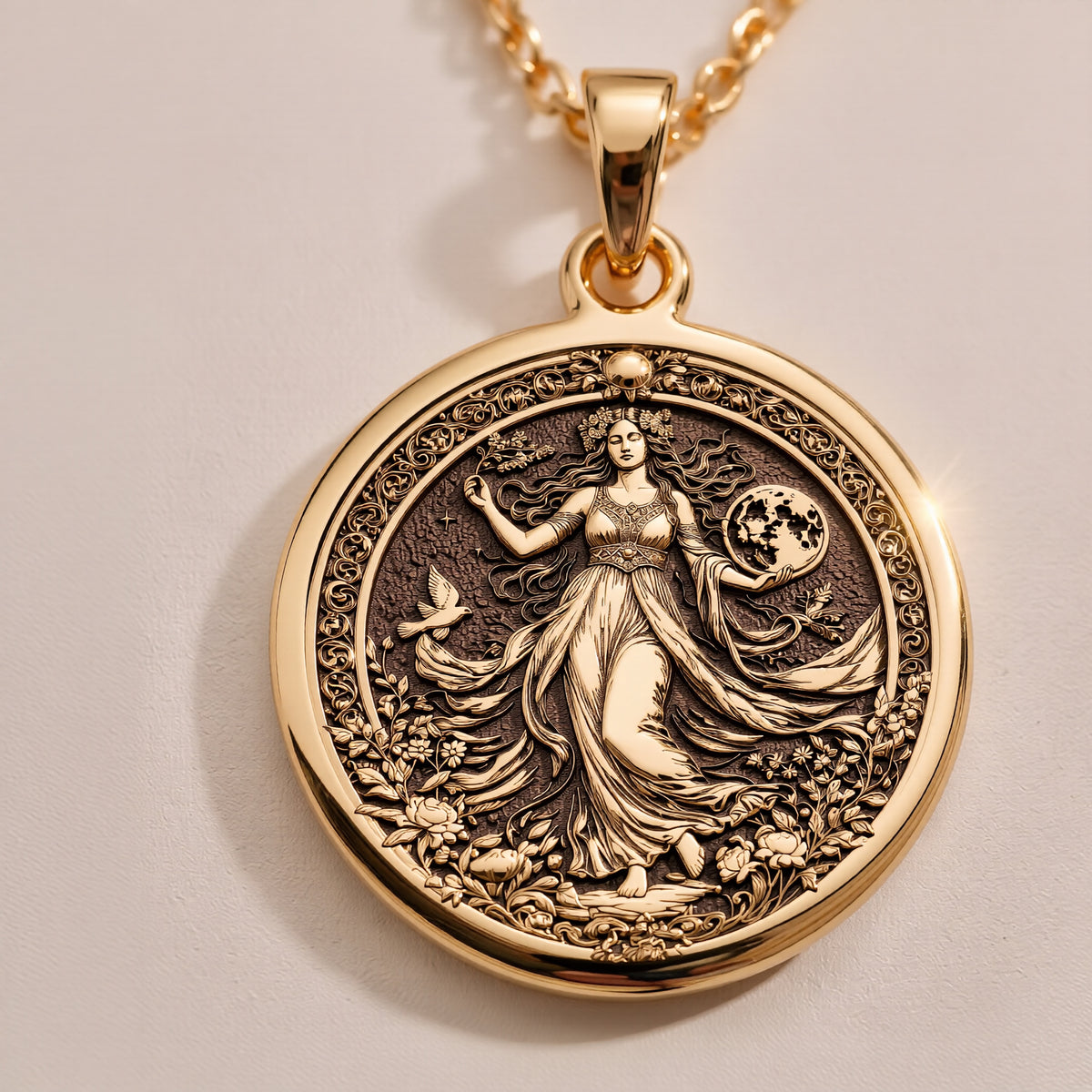 Gaia Earth Goddess Amulet Necklace - 14K Solid Gold