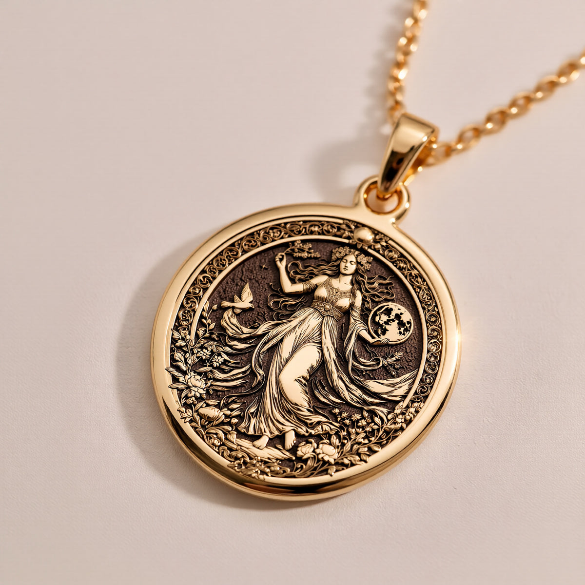 Gaia Earth Goddess Amulet Necklace - 14K Solid Gold