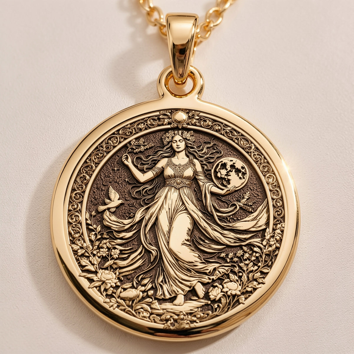 Gaia Earth Goddess Amulet Necklace Necklaces 14K 14K Gold Plated pendant necklace featuring a detailed female figure and crescent moon design.