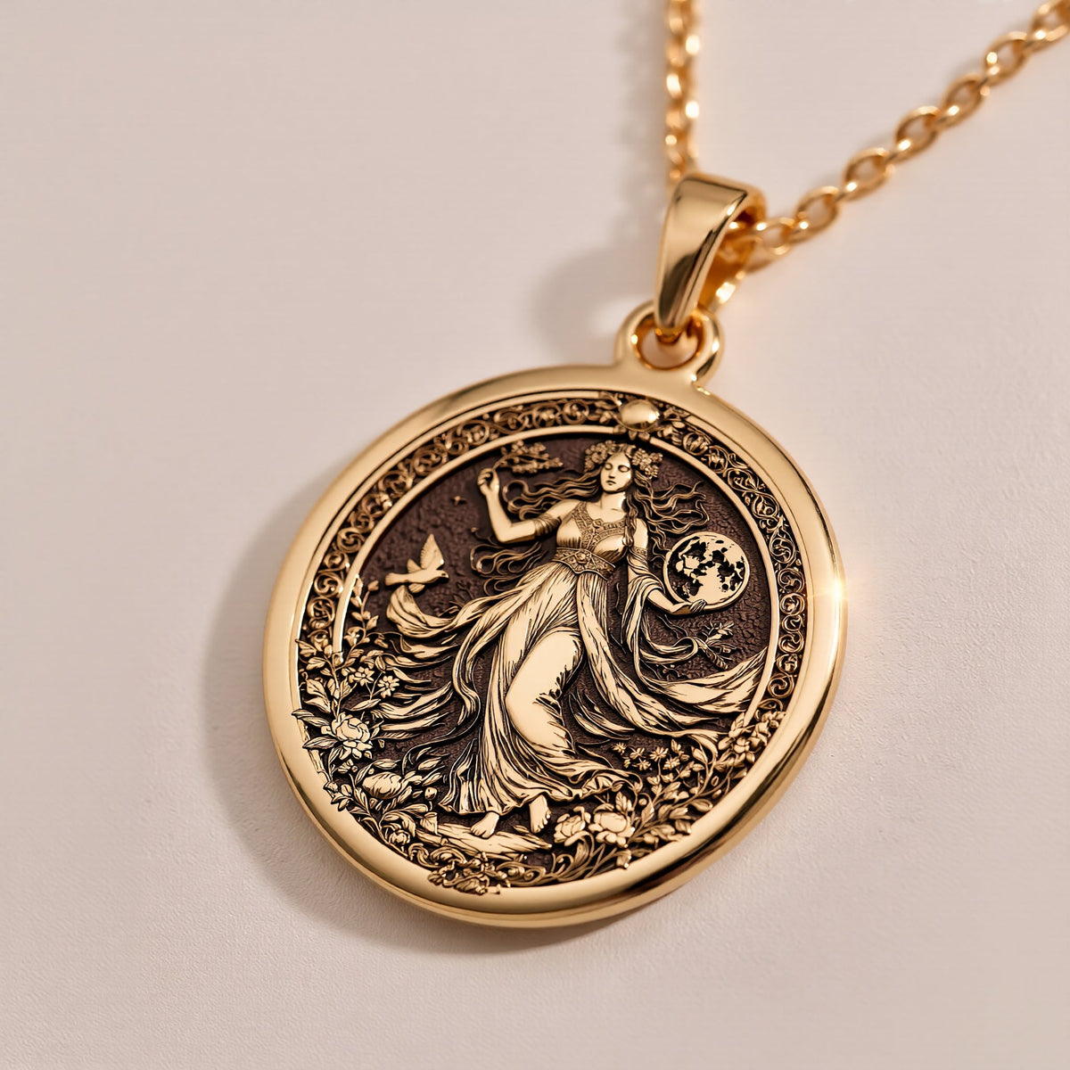Gaia Earth Goddess Amulet Necklace - 14K Gold Plated