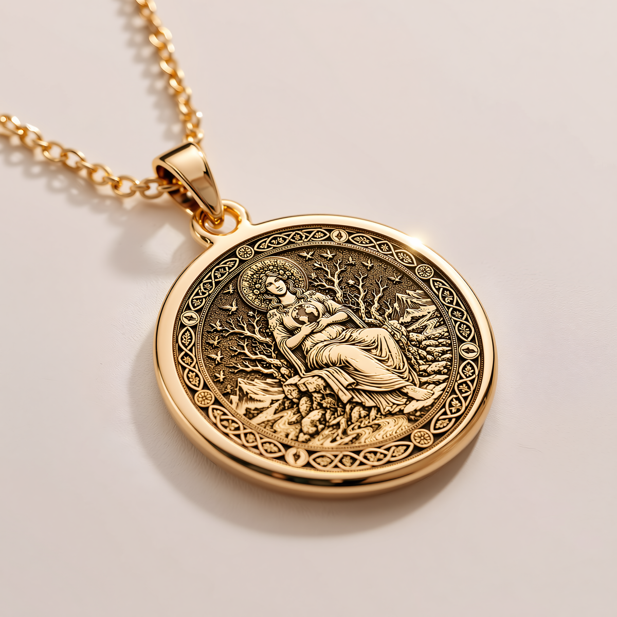 Gaia Earth Goddess Medallion Pendant - 14K Solid Gold, Left Angle View