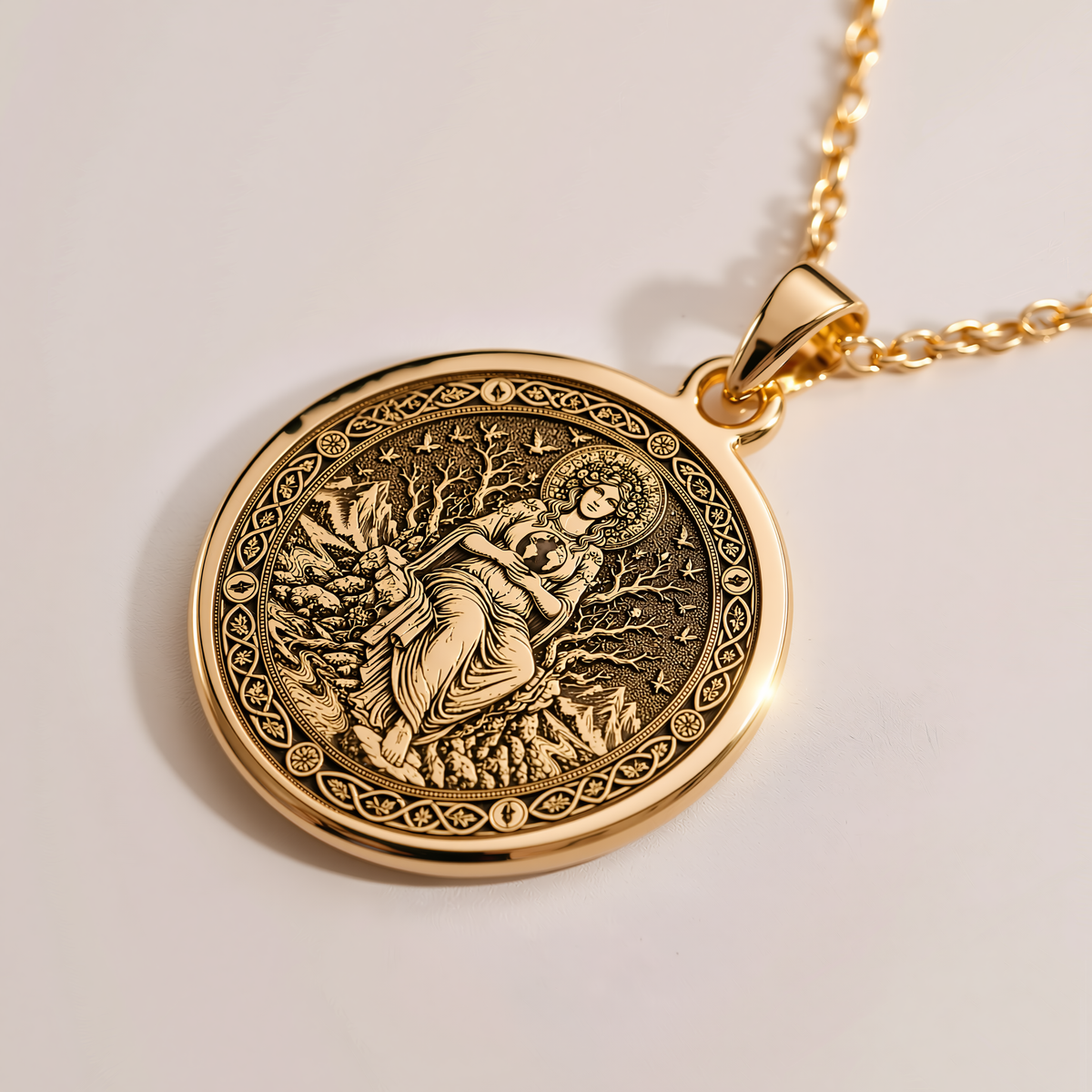 Gaia Earth Goddess Medallion Pendant - 14K Solid Gold, Right Angle View