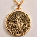 14K solid gold Gaia Earth Goddess medallion pendant. Polished gold goddess jewelry and ancient mythology protection talisman necklace.