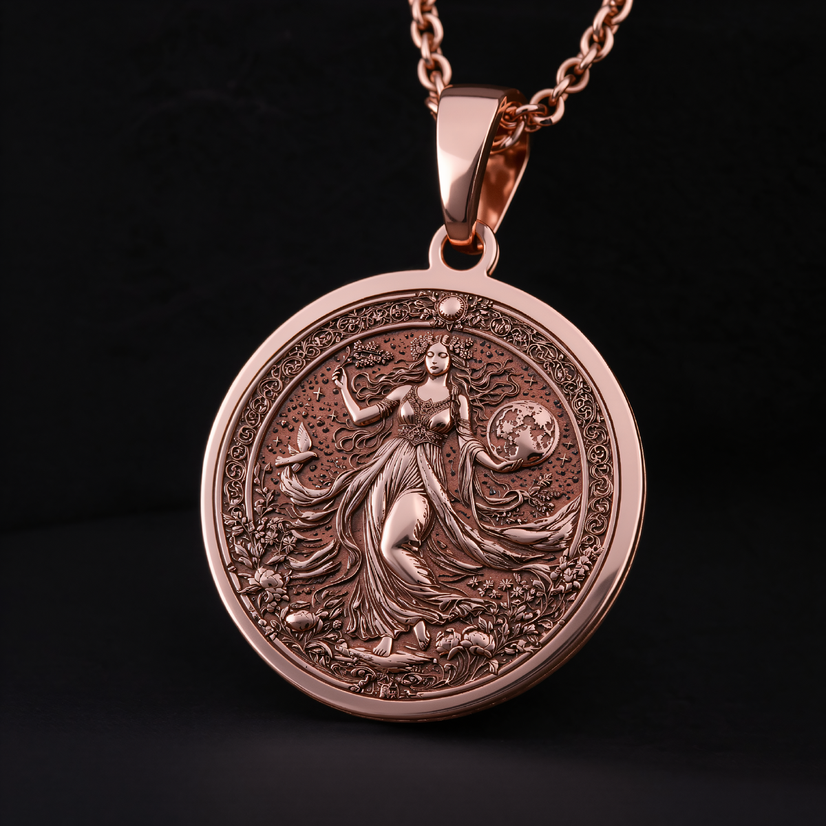 Gaia Earth Goddess Amulet Necklace in a polished rose gold finish.