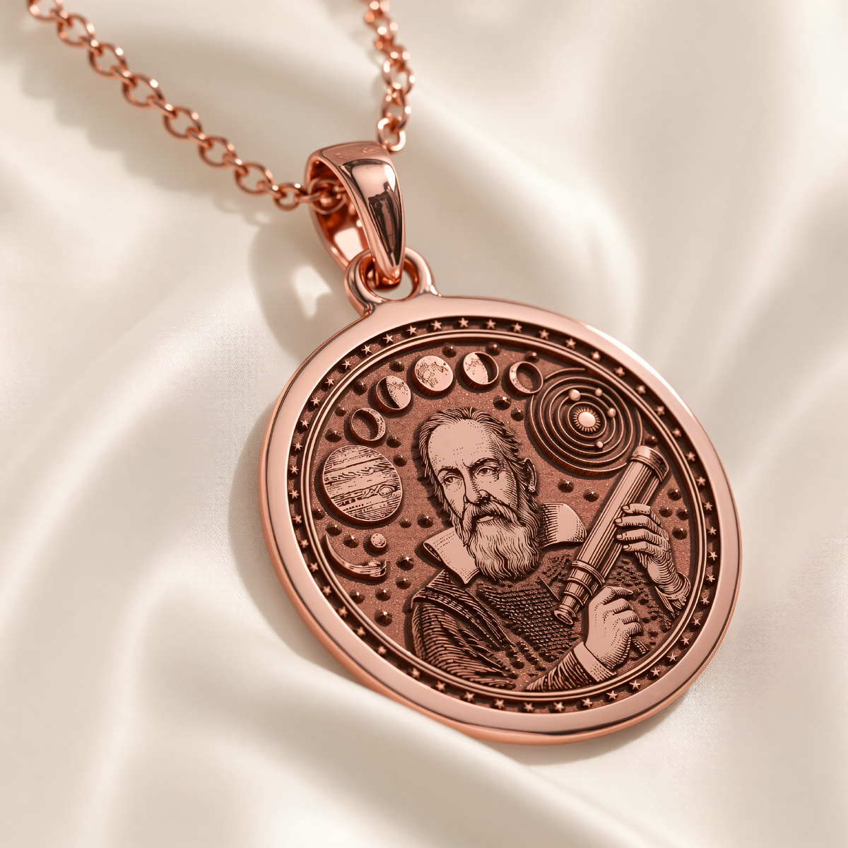 Galileo Astronomy Pendant in a polished rose gold finish.