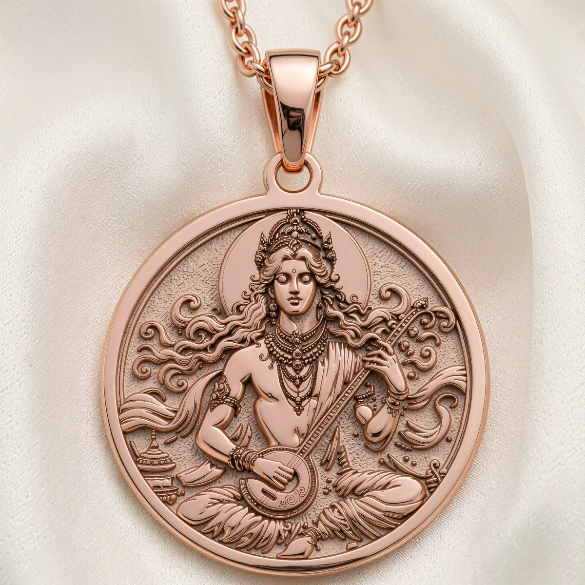 Gandharva Musician Pendant Necklace in rose gold plated finish. Front view shows the deity playing a stringed instrument.
