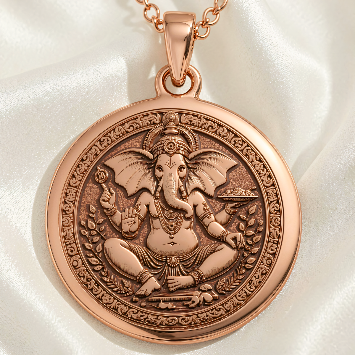 Ganesha Elephant God Pendant in 14K Rose Gold Plated showing front view with seated figure, four arms, and decorative border.