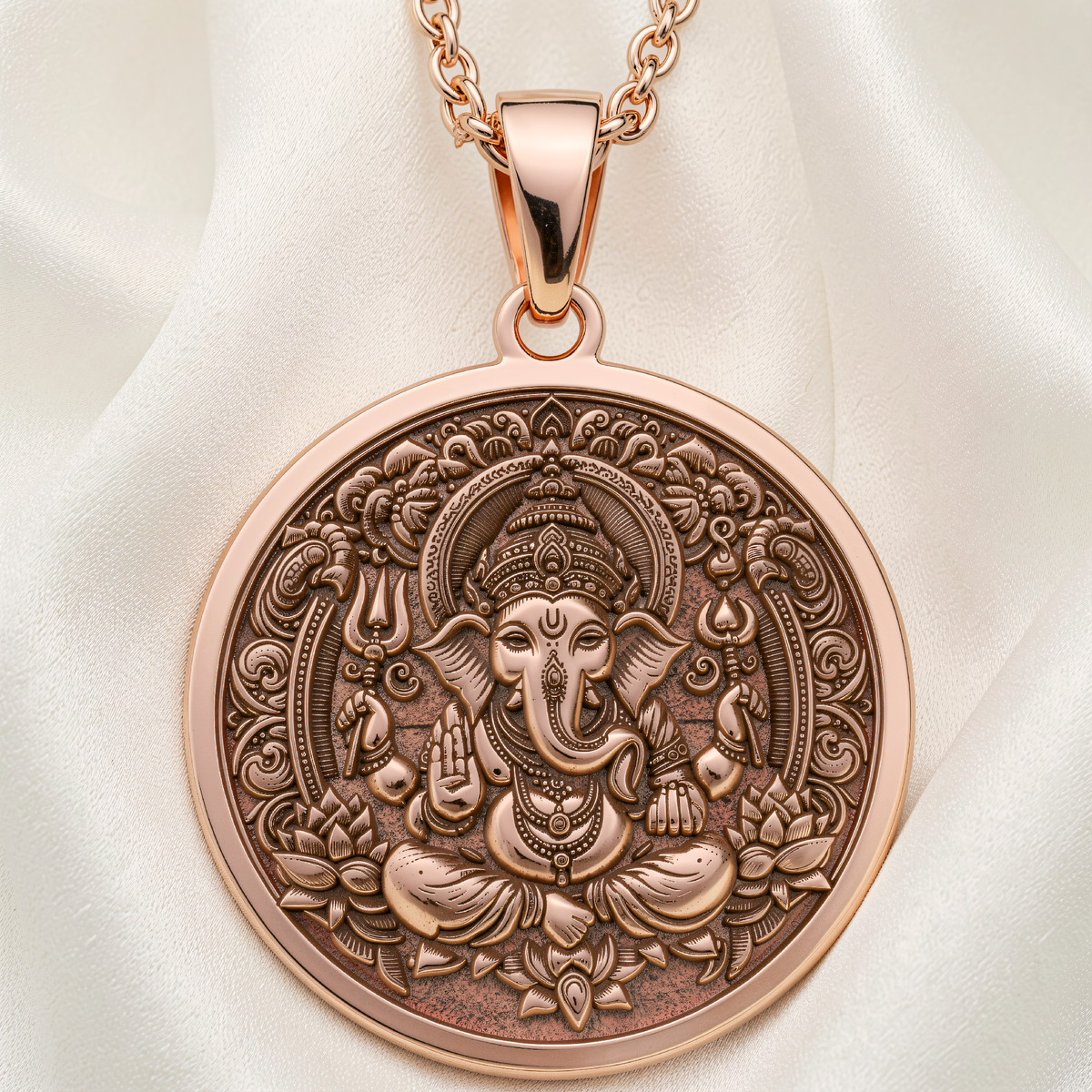 Round front view of the Ganesha Elephant God Pendant in rose gold plated finish, showing Lord Ganesha seated in lotus pose with raised hand.