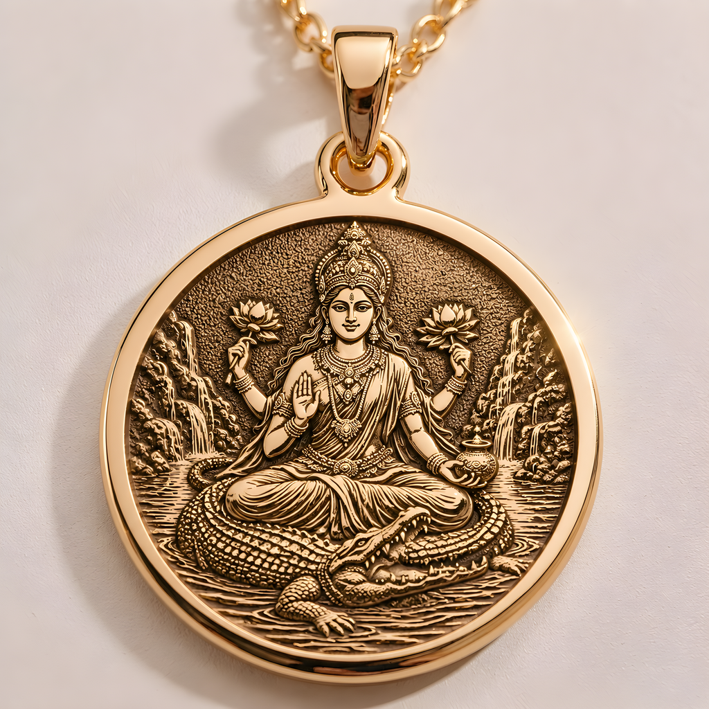 Ganga Goddess Pendant Necklace in a gold finish, shown from the front with detailed engraving on the pendant.