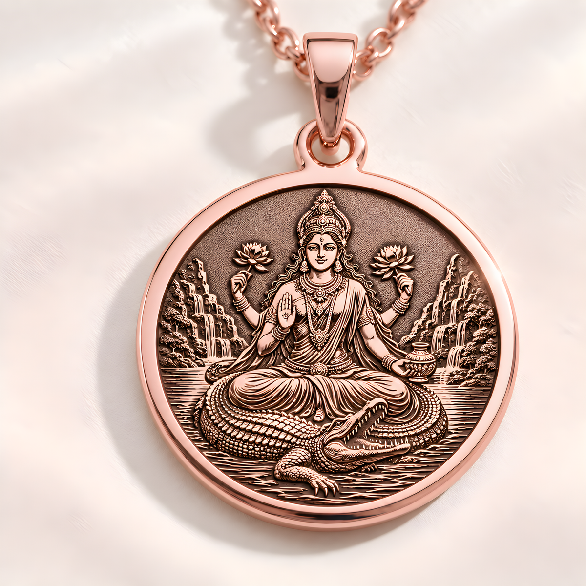 Ganga Goddess Pendant Necklace - 14K Rose Gold Plated