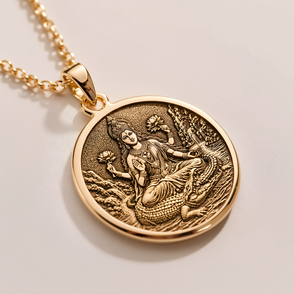 Ganga Goddess Pendant Necklace - 14K Solid Gold, Left Angle View