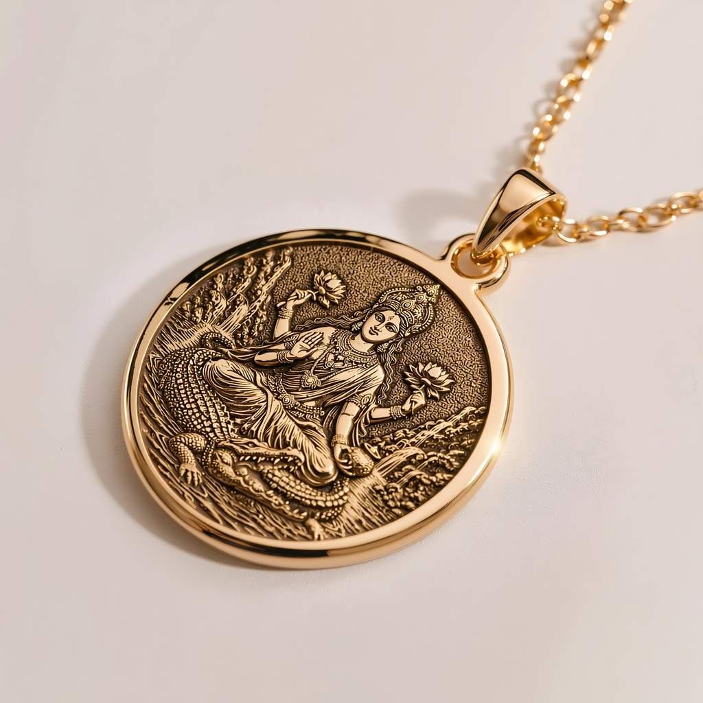 Ganga Goddess Pendant Necklace - 14K Solid Gold, Right Angle View