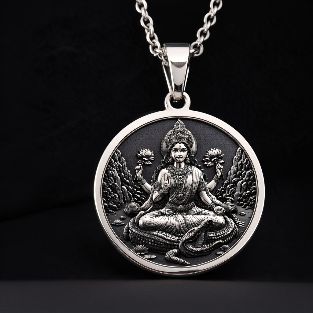 Maa Ganga Necklace: Sterling Silver with silver ganga pendant goddess necklace talisman - View 3