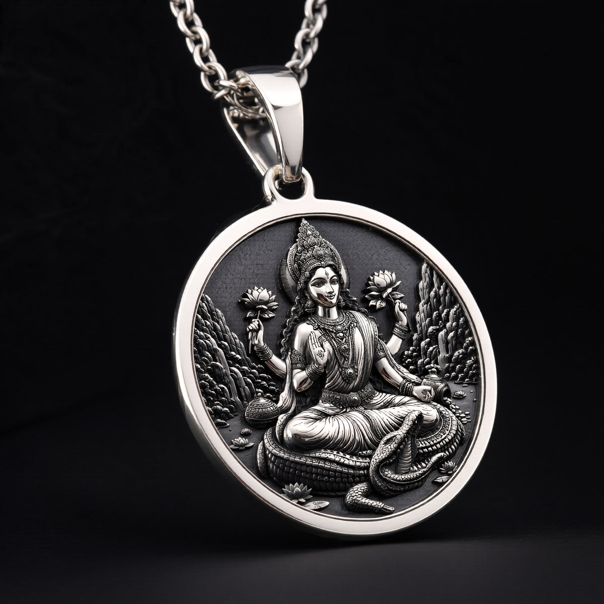Maa Ganga Necklace: Sterling Silver with silver ganga pendant goddess necklace talisman - View 1