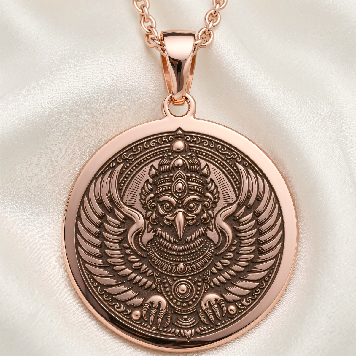 Garuda Bird Spiritual Amulet Necklace in rose gold plated showing front view of the engraved winged figure.