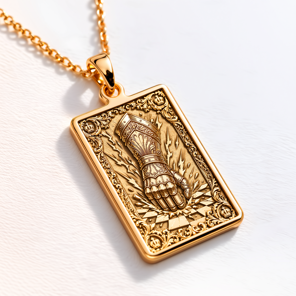 Gauntlet of Power Fantasy Necklace - 14K Solid Gold, Left Angle View