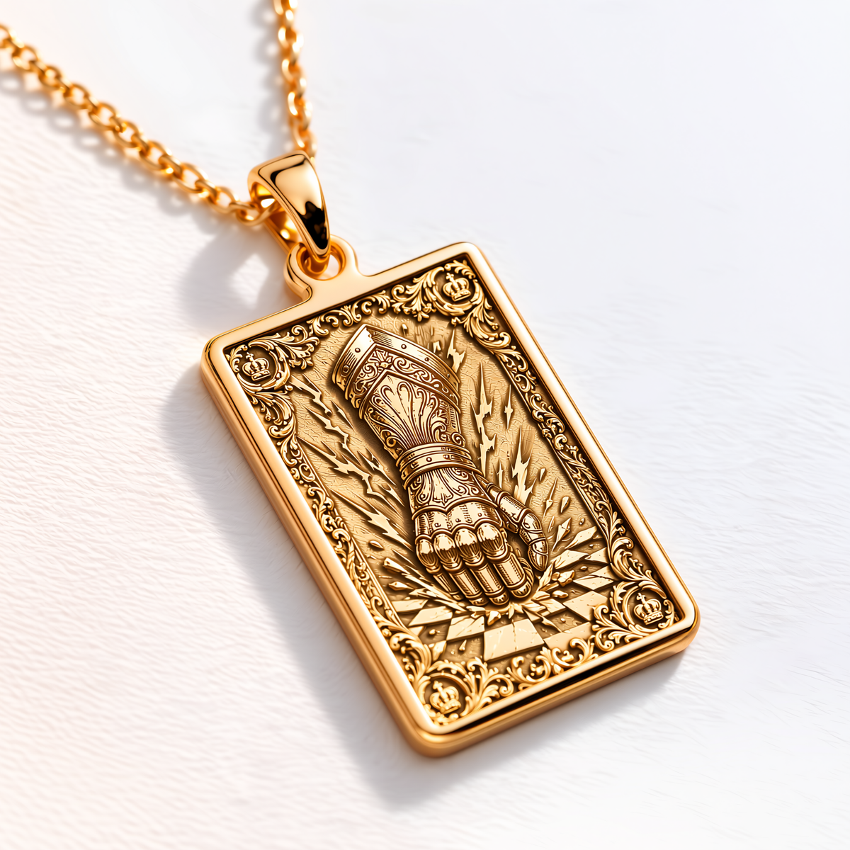 Gauntlet of Power Fantasy Necklace - 14K Solid Gold, Left Angle View
