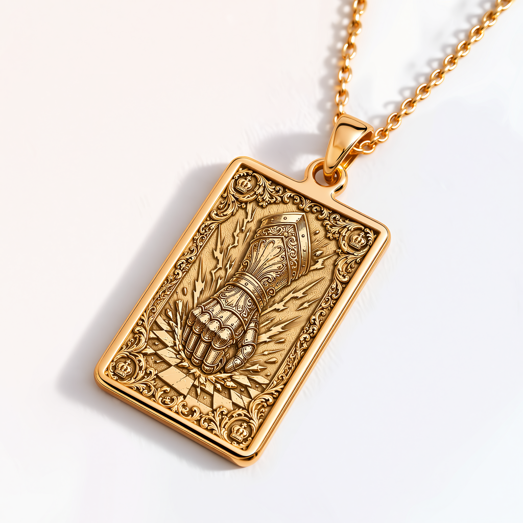 Gauntlet of Power Fantasy Necklace - 14K Solid Gold, Right Angle View