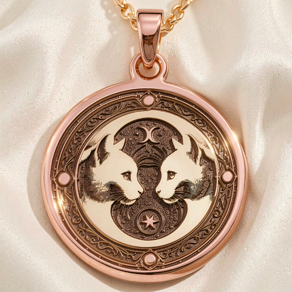 Gemini Twin Cats Zodiac Charm | Silver & Plated Options - Astrological Sign Personality Gift - 14K Rose Gold Plated Front View
