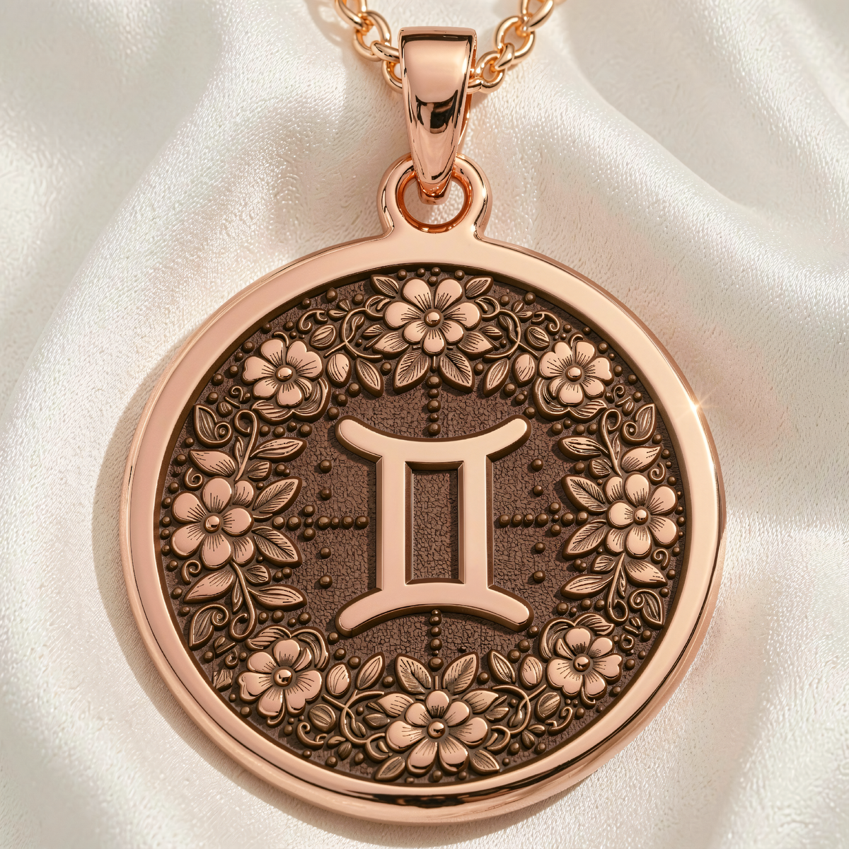 Gemini Twin Sign Astrology Pendant | Silver & Plated Options - Zodiac Horoscope Birthdate Jewelry - 14K Rose Gold Plated Front View