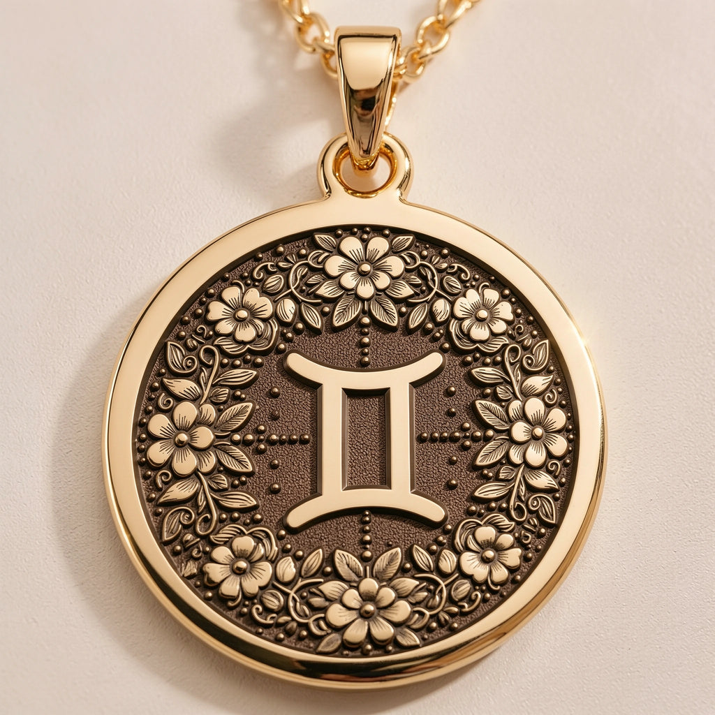 Gemini Twin Sign Astrology Pendant - Zodiac Horoscope Birthdate Jewelry - Görsel 1, 14K gold zodiac