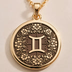 Gemini Twin Sign Astrology Pendant - Zodiac Horoscope Birthdate Jewelry - Görsel 1, 14K gold zodiac