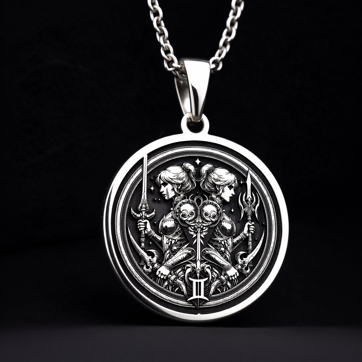 925 Sterling Silver Gemini Pendant with detailed zodiac design. Handcrafted silver coin charm featuring twin figures with swords and celestial elements. Astrological jewelry celebrating the communicative and adaptable nature of the air sign.
