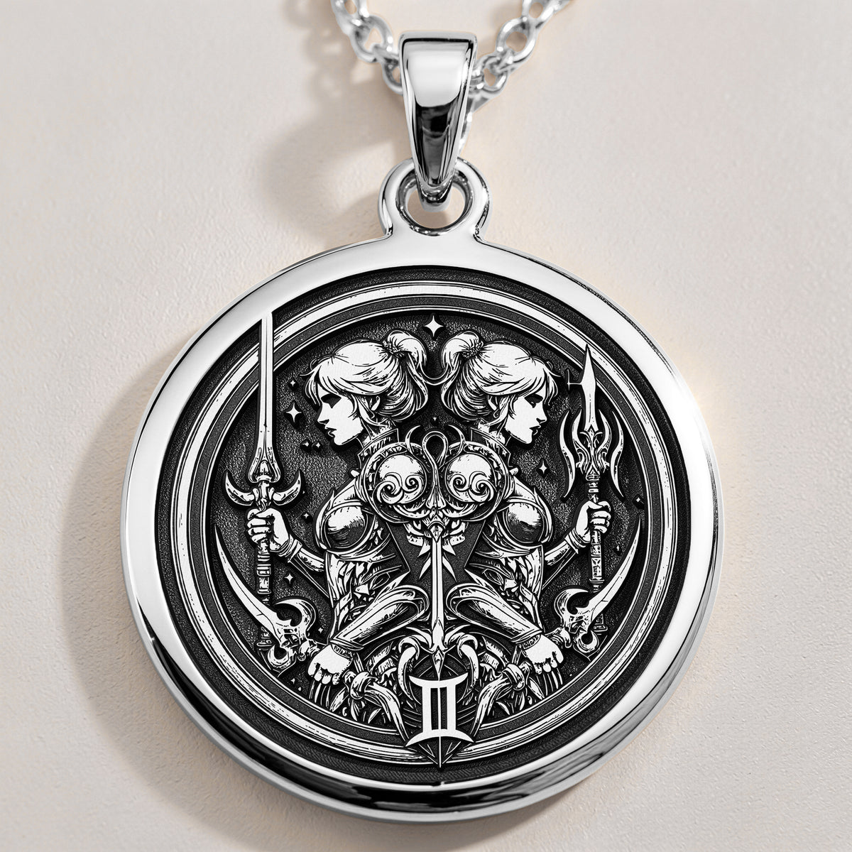 925 Sterling Silver Gemini Zodiac Medallion showcasing celestial twins with symbolic elements. Detailed astrological coin pendant with mirror figures and symbolic weapons. Premium birth sign jewelry symbolizing duality for May-June birthdays. - View