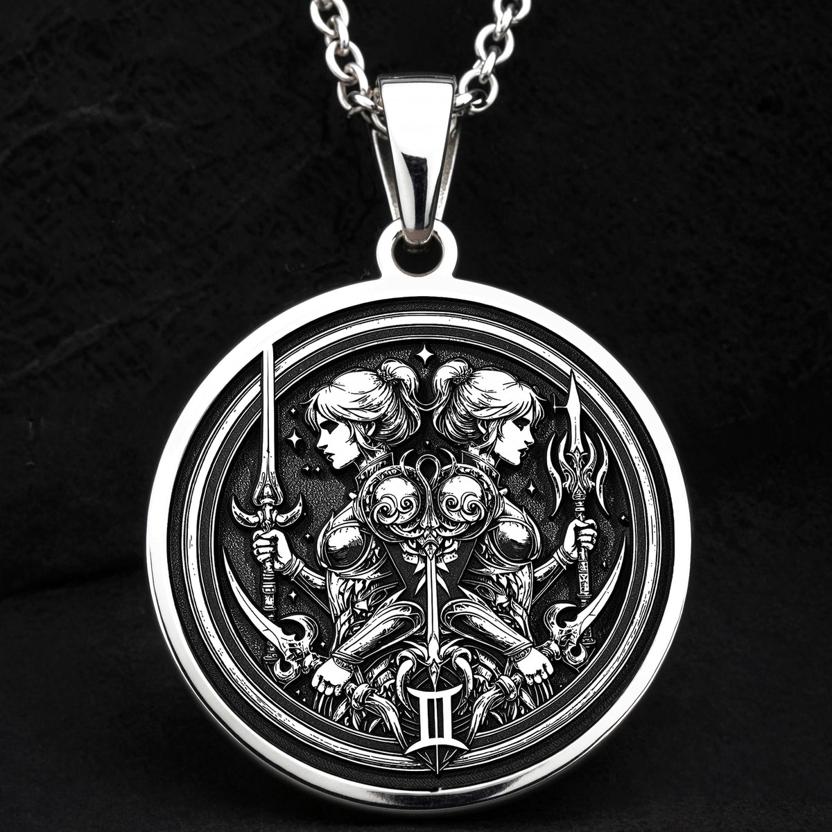 925 Sterling Silver Gemini Zodiac Medallion showcasing celestial twins with symbolic elements. Detailed astrological coin pendant with mirror figures and symbolic weapons. Premium birth sign jewelry symbolizing duality for May-June birthdays.