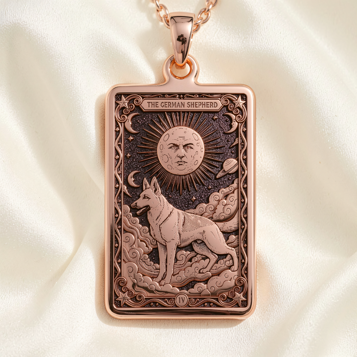 German Shepherd Guardian Dog Tarot Charm | Silver & Plated Options - Pet Memorial Spirit Animal - 14K Rose Gold Plated Front View