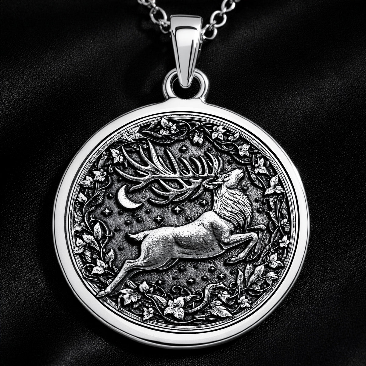 Sterling silver Stag Deer Head Necklace: round  detailed stag buck with antlers leaping...