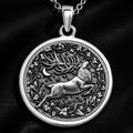 Sterling silver Stag Deer Head Necklace: round  detailed stag buck with antlers leaping...