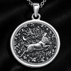 Sterling silver Stag Deer Head Necklace: round  detailed stag buck with antlers leaping...