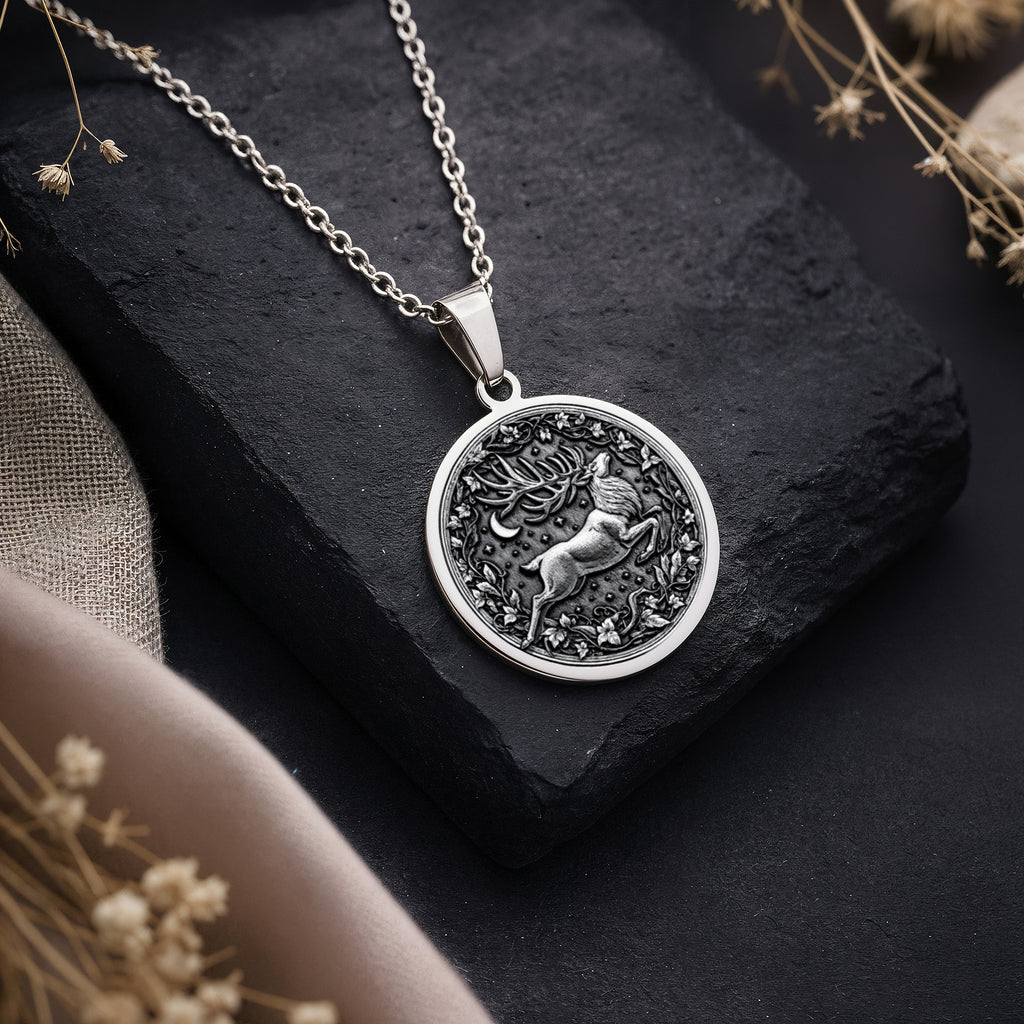 Sterling silver Stag Deer Head Necklace: round  detailed relief engraving of a stag lea...