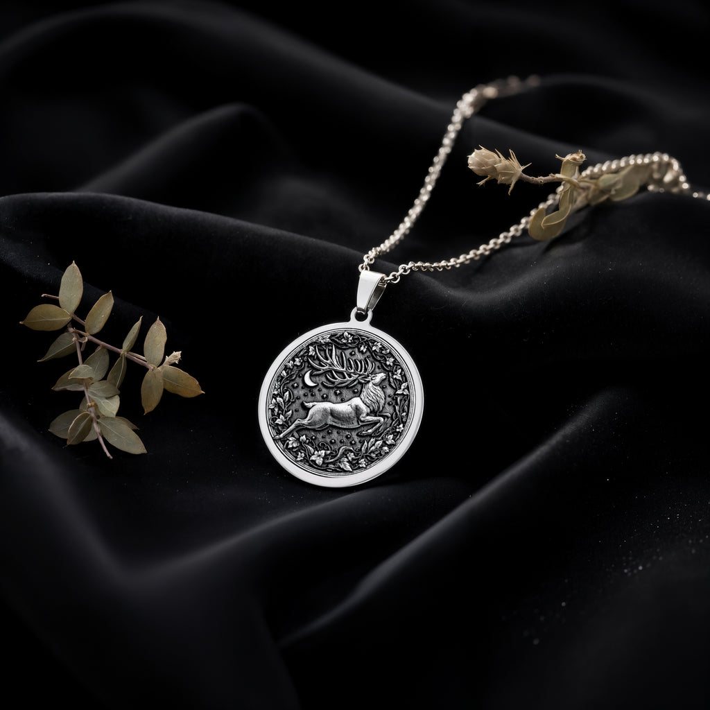 Sterling silver Stag Deer Head Necklace: round  detailed relief engraving of a stag buc...