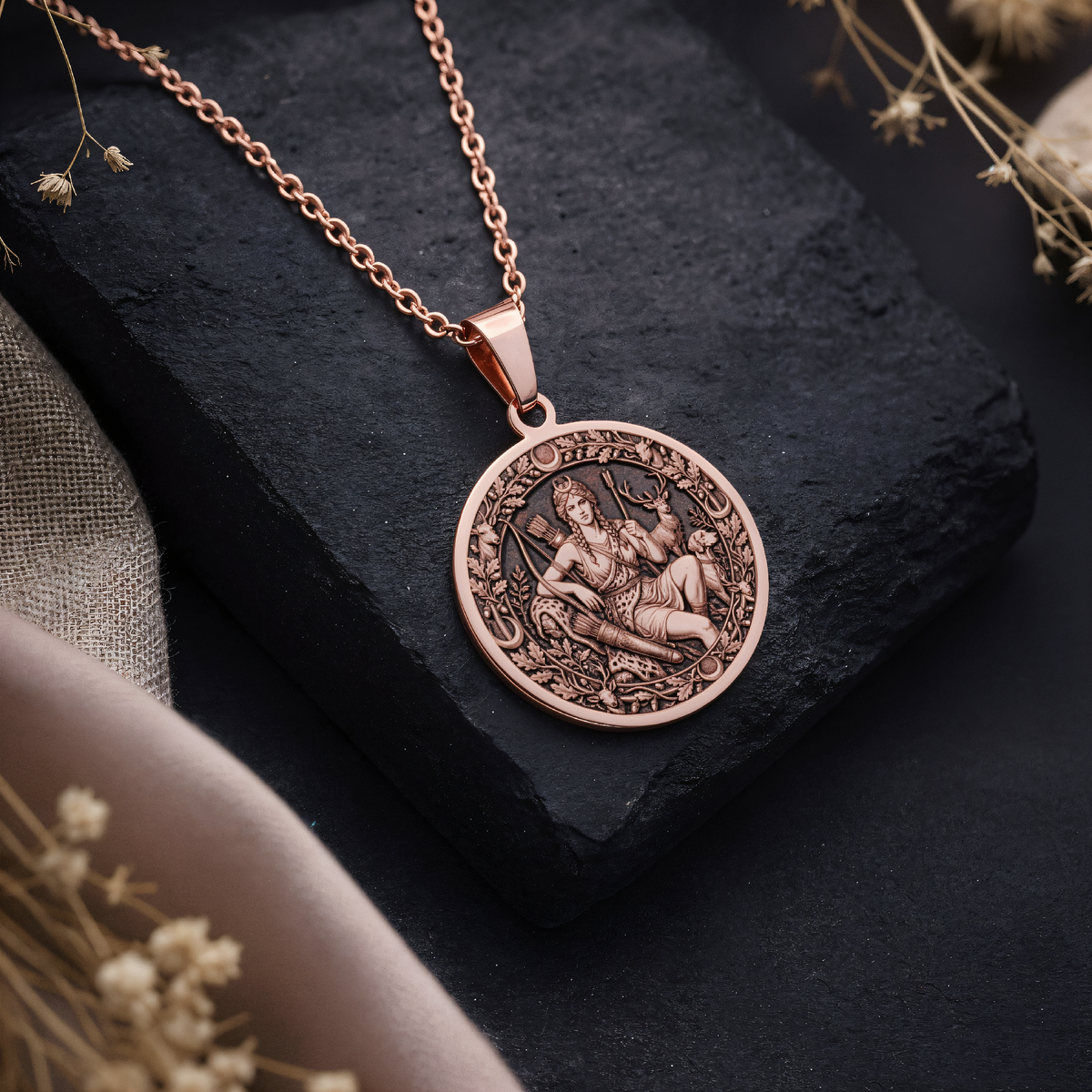 Goddess of the Hunt Artemis Pendant in a polished rose gold finish.