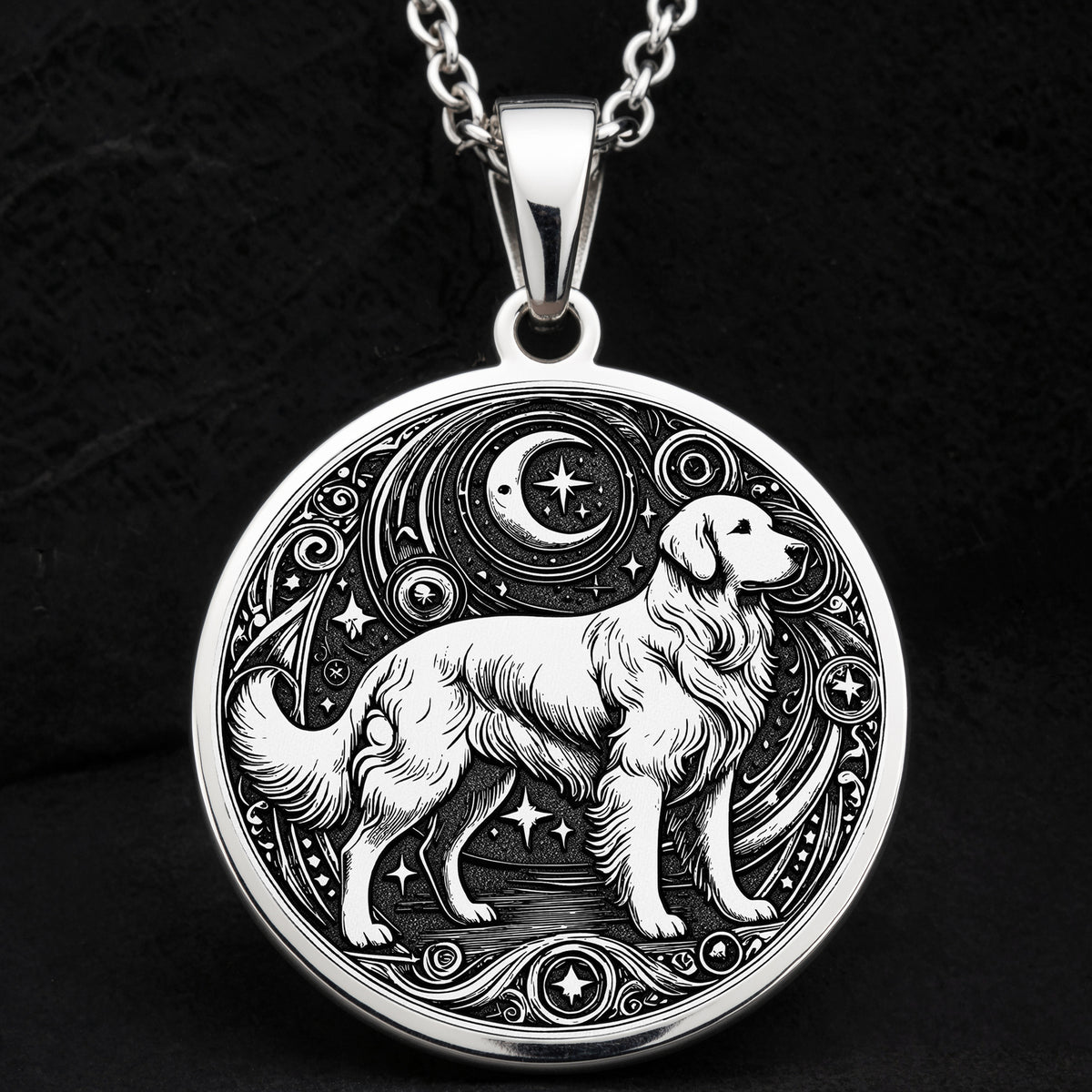 14K Solid Gold Golden Retriever Medallion featuring detailed breed with celestial moon and stars. Protective dog talisman with intricate golden fur texture and symbolic elements. Luxury pet memorial jewelry gift for Golden Retriever owners.