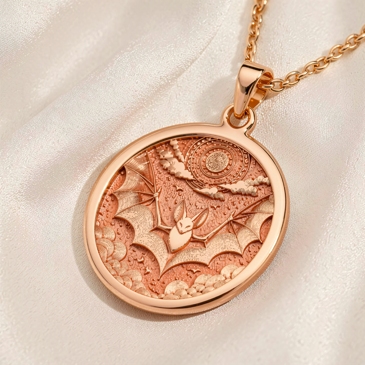 Gothic Bat Moon Pendant Necklace front view showing rose gold plated finish with engraved bat and moon design.