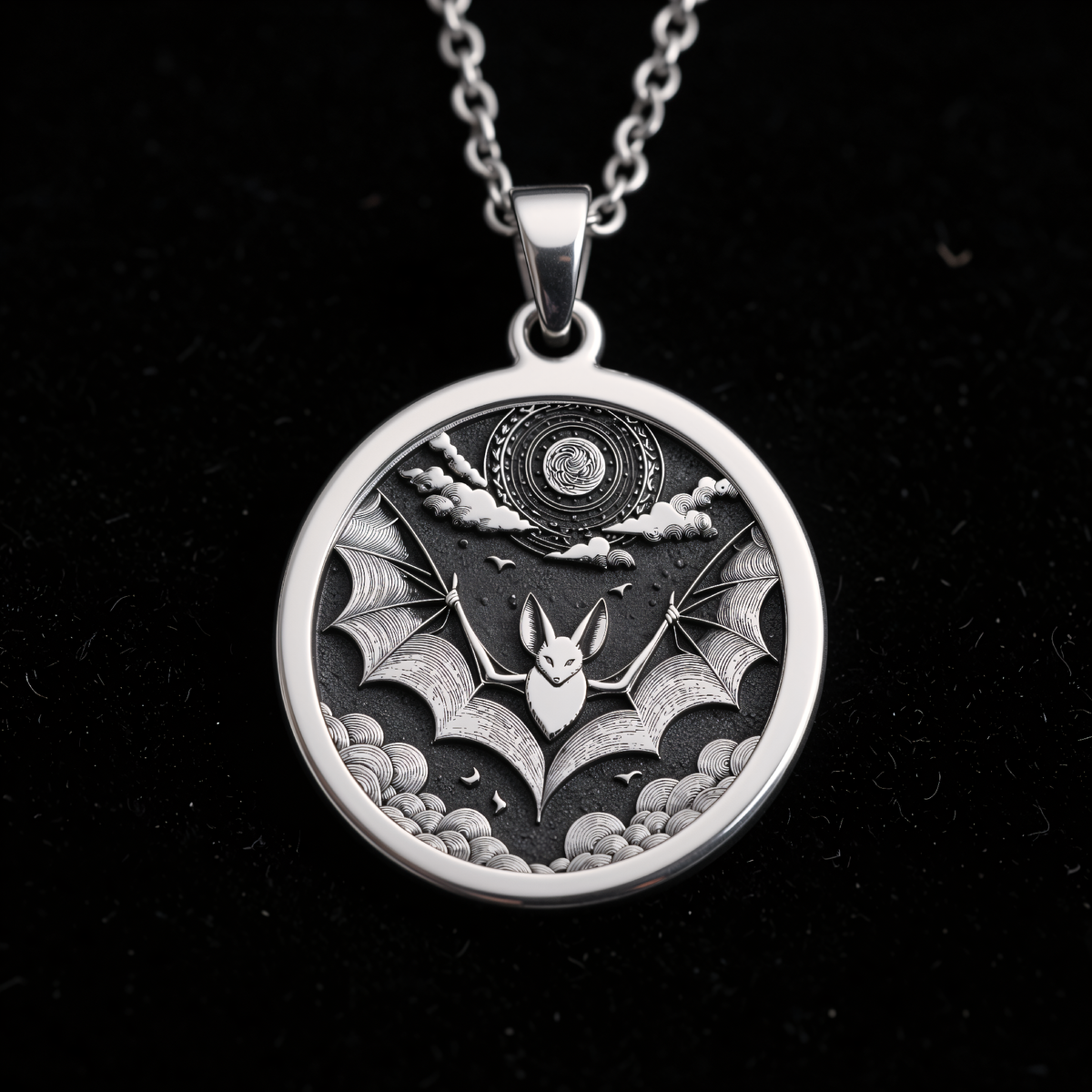 Gothic Bat Moon Pendant Necklace - 925 Sterling Silver