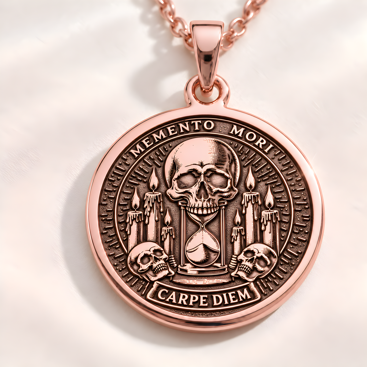 Gothic Skull Memento Mori Necklace - 14K Rose Gold Plated