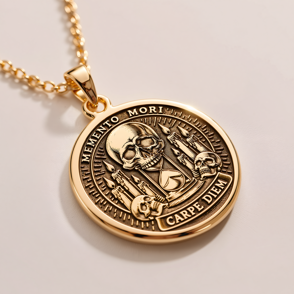 Gothic Skull Memento Mori Necklace - 14K Solid Gold, Left Angle View