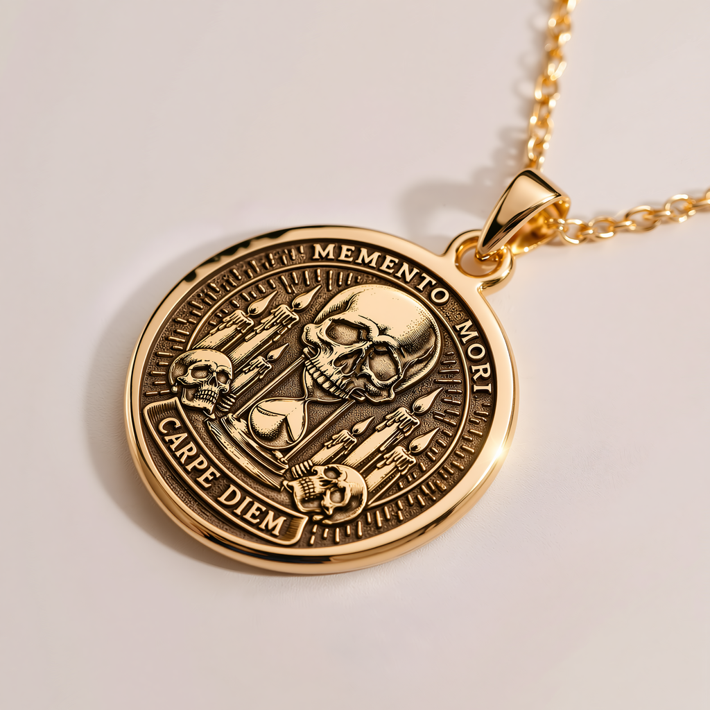Gothic Skull Memento Mori Necklace - 14K Solid Gold, Right Angle View