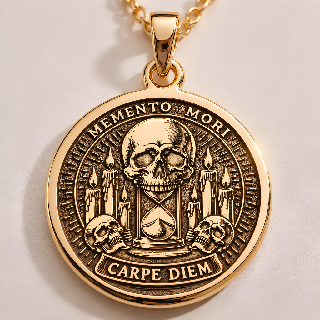 Gothic Skull Memento Mori Necklace in a gold finish, shown from the front with detailed engraving on the pendant.
