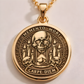 Gothic Skull Memento Mori Necklace in a gold finish, shown from the front with detailed engraving on the pendant.